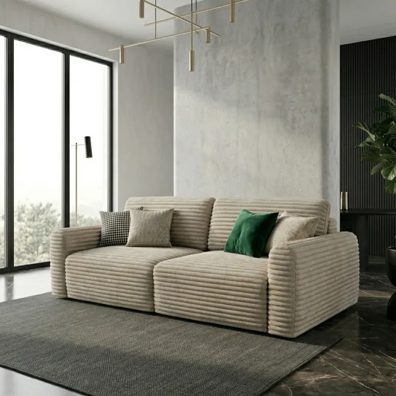 Sofa rozkładana TEDDY z funkcją spania i pojemnikiem na pościel - sztruks biało-beżowa