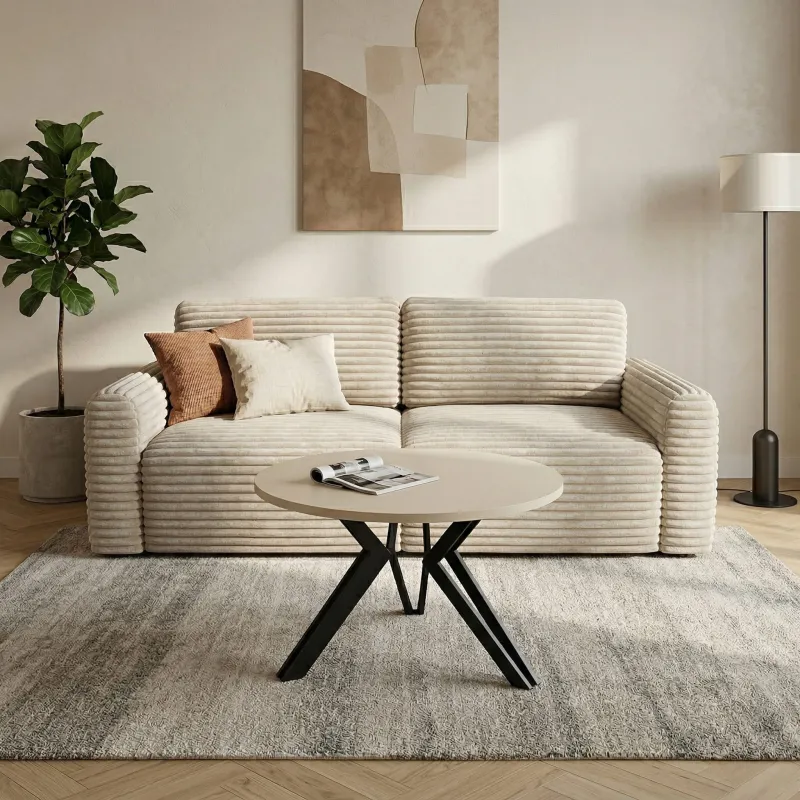 Stolik kawowy VERTEX okrągły dąb sonoma - stolik do salonu, metalowa podstawa, styl loft